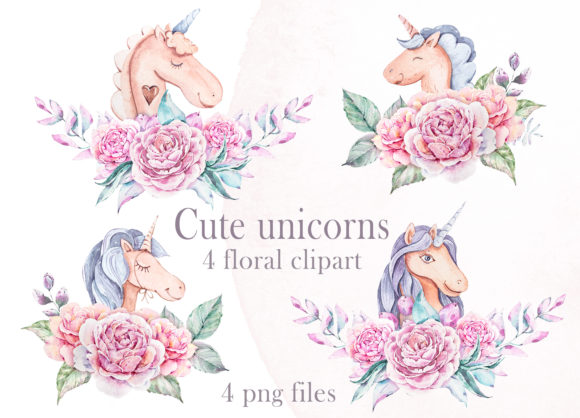 Watercolor Cute Floral Unicorns Clipart: A Versatile Design Element for Creative Projects