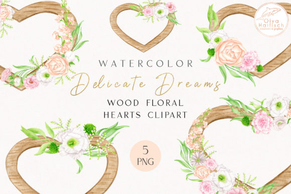 Watercolor Floral Wood Hearts Clipart